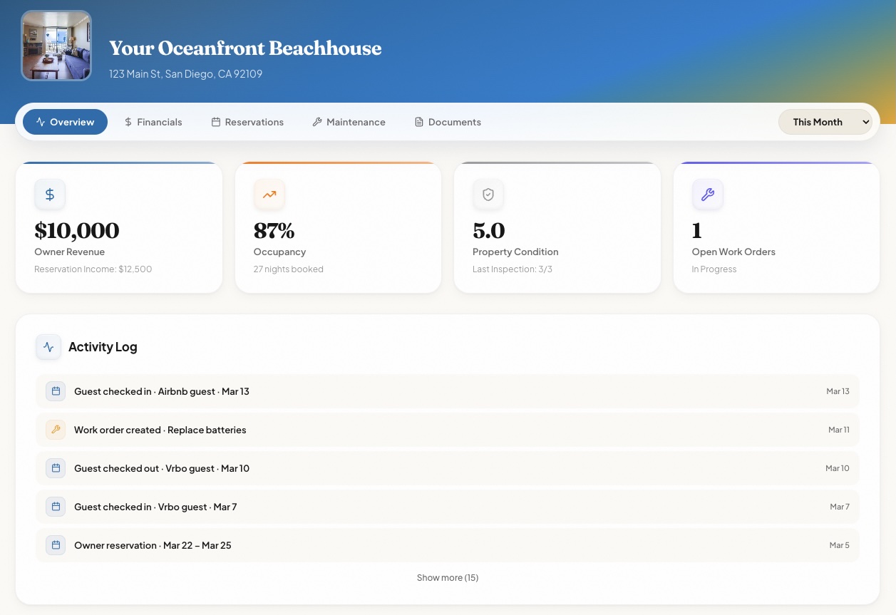 Owner Portal dashboard showing KPI cards and activity log