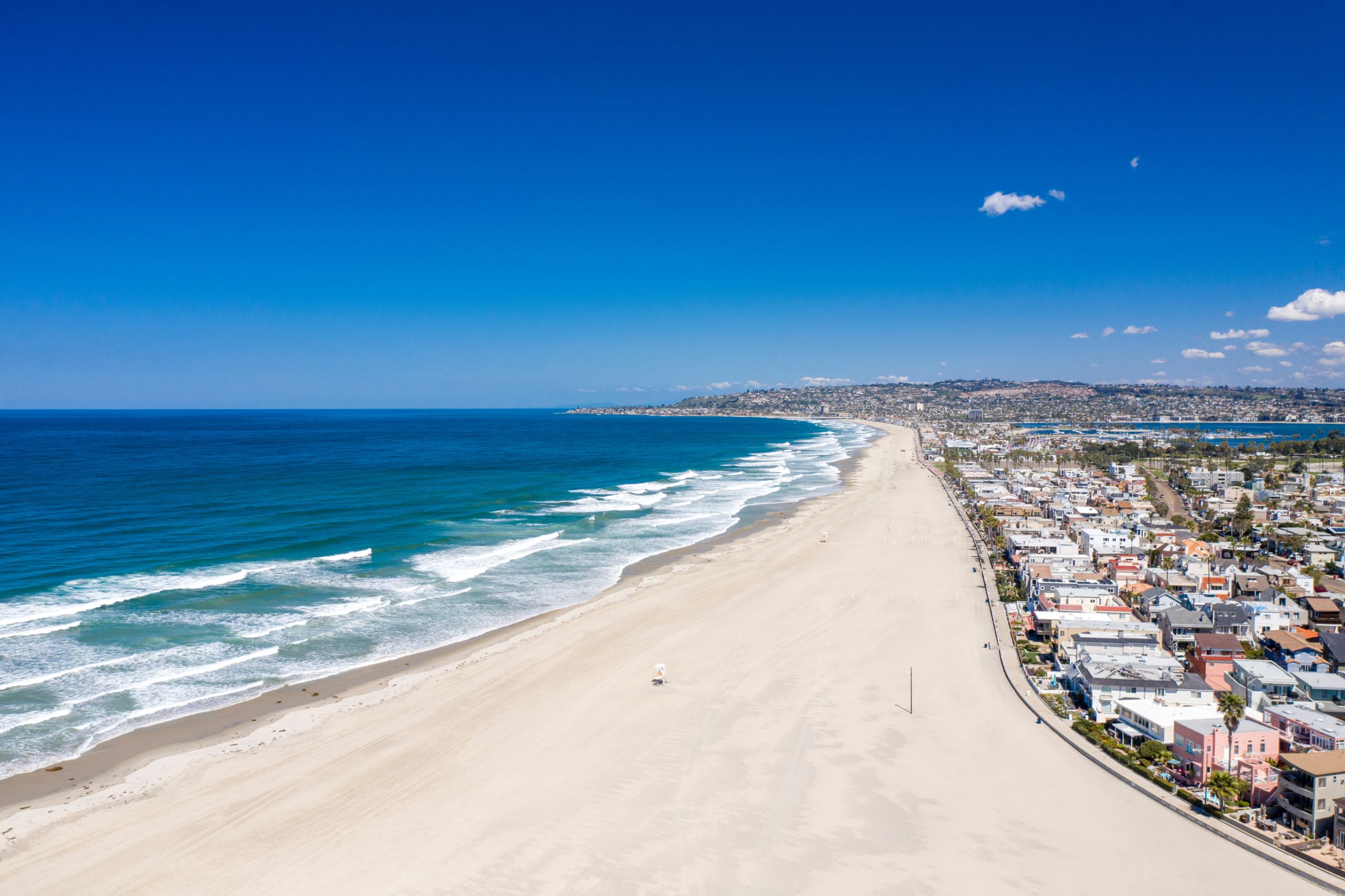 Aerial view of Mission Beach coastline and boardwalk
