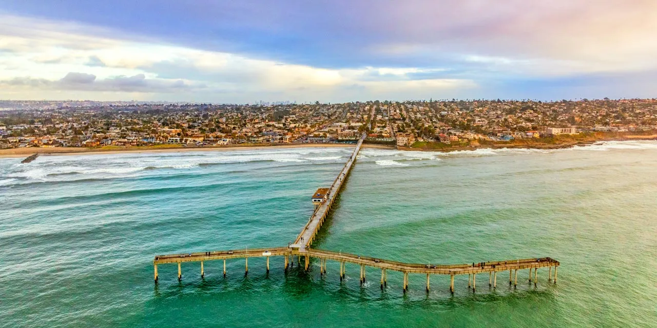 Ocean Beach pier and coastline aerial view