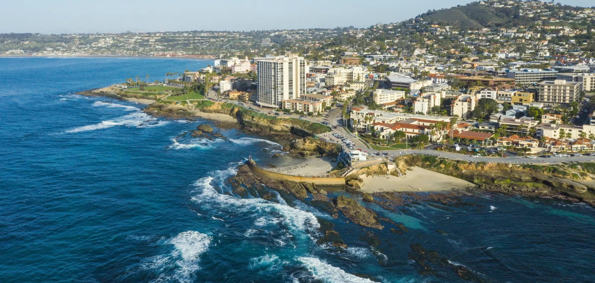Aerial view of La Jolla coastline and village