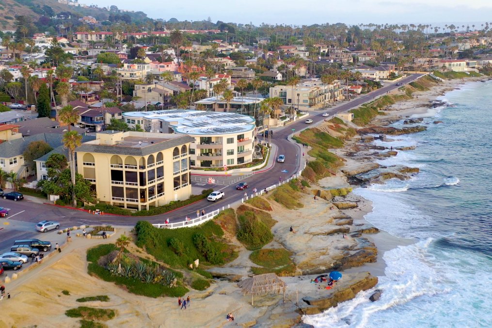 Aerial view of Windansea and Bird Rock coastline in La Jolla