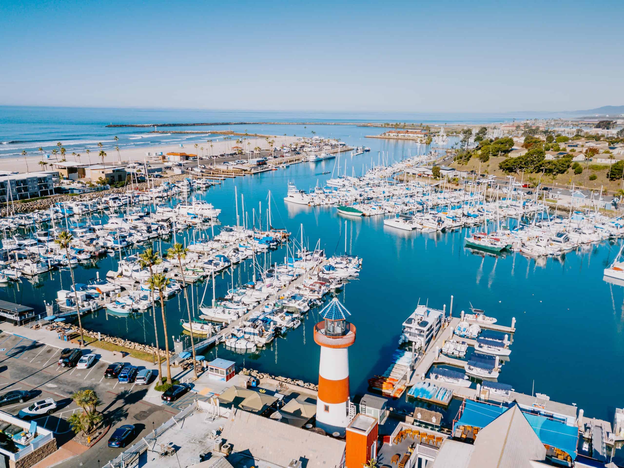 Aerial view of Oceanside Harbor and lighthouse