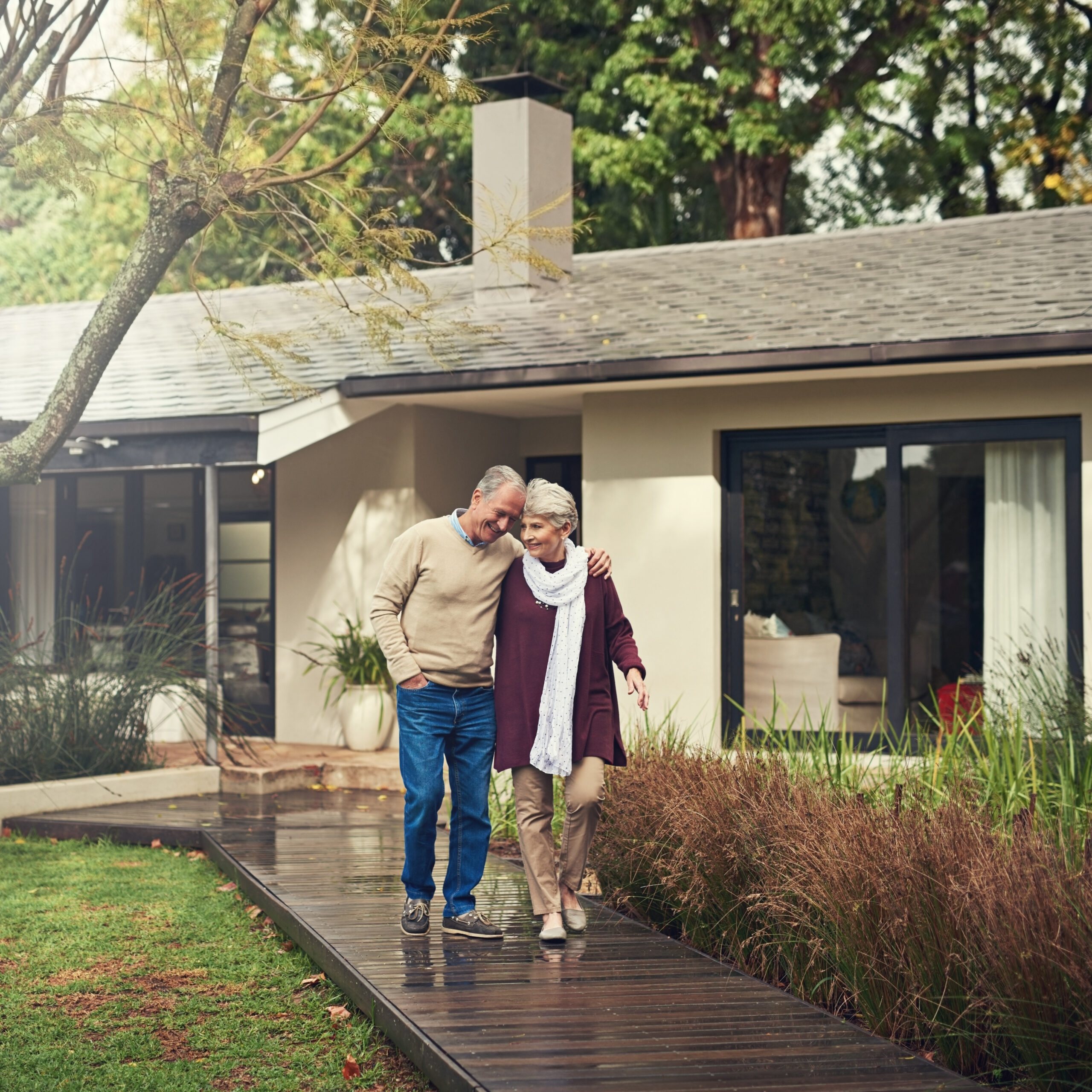 mature couple walking outside